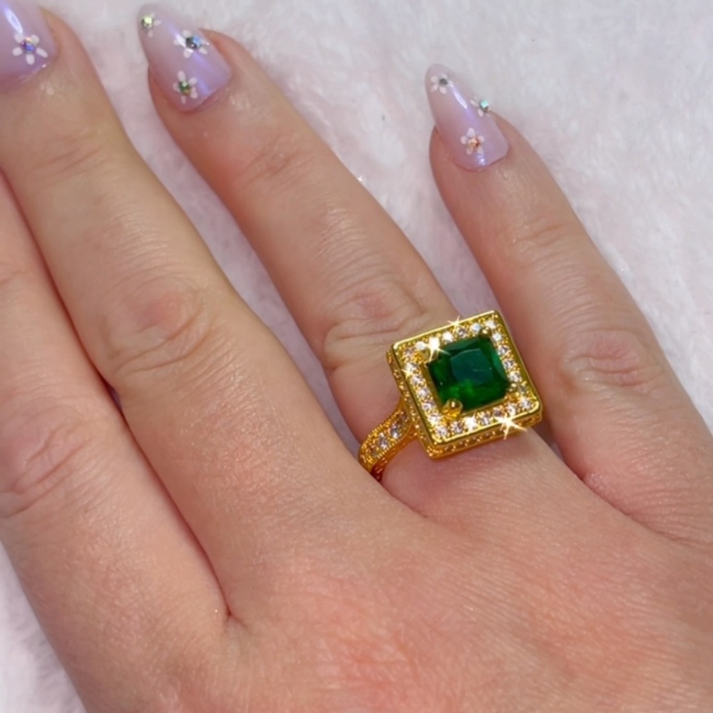 Sz 8 Gold-Plated Ring with Green Square Gem and Clear Accent Stones